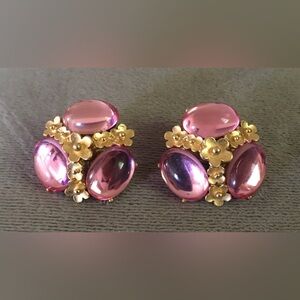 Vintage Trifari Jelly Belly Pink Floral Gold Tone Flower Earrings Clip On